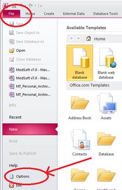 screenshot of file tab and then options